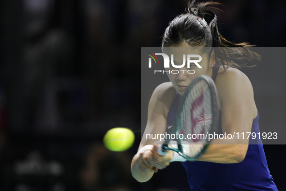 MALAGA, SPAIN - NOVEMBER 19: Emma Raducanu of Great Britain in her singles match against Viktoria Hruncakova of Slovakia in the semifinal ti...