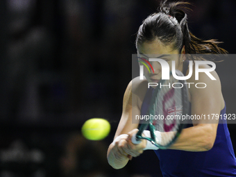 MALAGA, SPAIN - NOVEMBER 19: Emma Raducanu of Great Britain in her singles match against Viktoria Hruncakova of Slovakia in the semifinal ti...