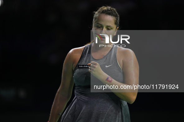 MALAGA, SPAIN - NOVEMBER 19: Viktoria Hruncakova of Slovakia in her singles match against Emma Raducanu of Great Britain in the semifinal ti...