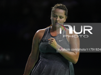 MALAGA, SPAIN - NOVEMBER 19: Viktoria Hruncakova of Slovakia in her singles match against Emma Raducanu of Great Britain in the semifinal ti...