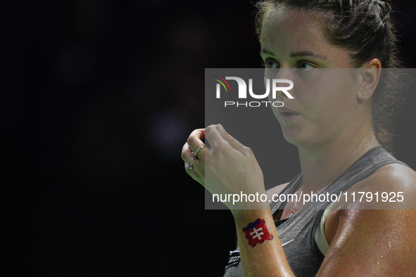 MALAGA, SPAIN - NOVEMBER 19: Viktoria Hruncakova of Slovakia in her singles match against Emma Raducanu of Great Britain in the semifinal ti...