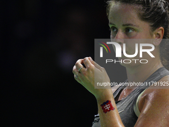 MALAGA, SPAIN - NOVEMBER 19: Viktoria Hruncakova of Slovakia in her singles match against Emma Raducanu of Great Britain in the semifinal ti...