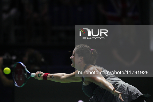 MALAGA, SPAIN - NOVEMBER 19: Viktoria Hruncakova of Slovakia in her singles match against Emma Raducanu of Great Britain in the semifinal ti...