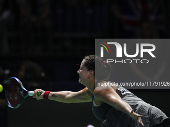 MALAGA, SPAIN - NOVEMBER 19: Viktoria Hruncakova of Slovakia in her singles match against Emma Raducanu of Great Britain in the semifinal ti...