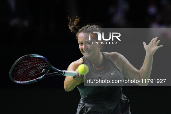 MALAGA, SPAIN - NOVEMBER 19: Viktoria Hruncakova of Slovakia in her singles match against Emma Raducanu of Great Britain in the semifinal ti...