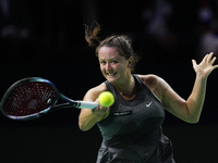 MALAGA, SPAIN - NOVEMBER 19: Viktoria Hruncakova of Slovakia in her singles match against Emma Raducanu of Great Britain in the semifinal ti...