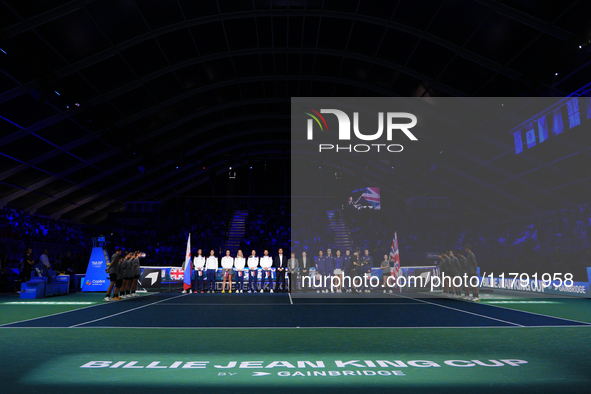 MALAGA, SPAIN - NOVEMBER 19:  Both teams prior the singles match against Emma Raducanu of Great Britain and Viktoria Hruncakova of Slovakia...