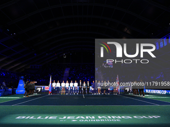 MALAGA, SPAIN - NOVEMBER 19:  Both teams prior the singles match against Emma Raducanu of Great Britain and Viktoria Hruncakova of Slovakia...