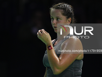 MALAGA, SPAIN - NOVEMBER 19: Viktoria Hruncakova of Slovakia in her singles match against Emma Raducanu of Great Britain in the semifinal ti...