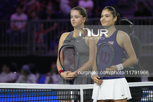 MALAGA, SPAIN - NOVEMBER 19: (R) Emma Raducanu of Great Britain and (L) Viktoria Hruncakova of Slovakia in the semifinal tie between Great B...