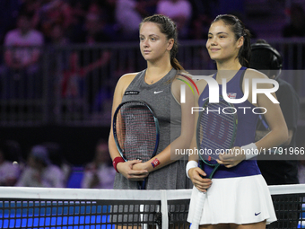 MALAGA, SPAIN - NOVEMBER 19: (R) Emma Raducanu of Great Britain and (L) Viktoria Hruncakova of Slovakia in the semifinal tie between Great B...