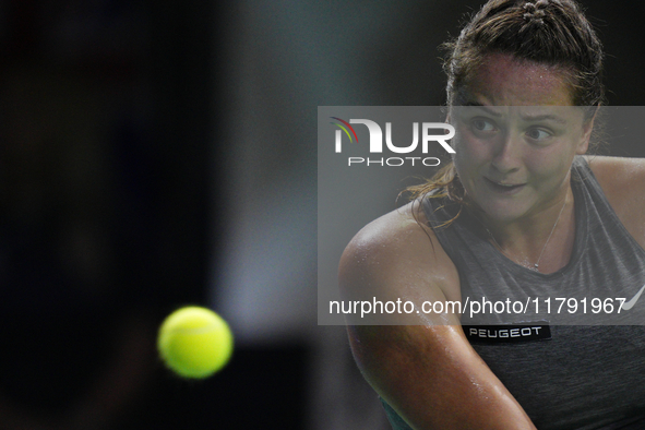 MALAGA, SPAIN - NOVEMBER 19: Viktoria Hruncakova of Slovakia in her singles match against Emma Raducanu of Great Britain in the semifinal ti...