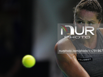 MALAGA, SPAIN - NOVEMBER 19: Viktoria Hruncakova of Slovakia in her singles match against Emma Raducanu of Great Britain in the semifinal ti...