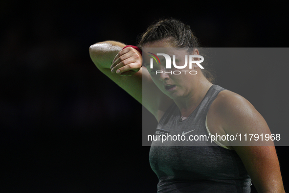 MALAGA, SPAIN - NOVEMBER 19: Viktoria Hruncakova of Slovakia in her singles match against Emma Raducanu of Great Britain in the semifinal ti...