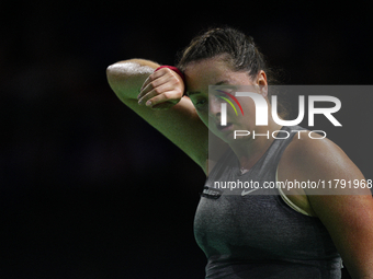 MALAGA, SPAIN - NOVEMBER 19: Viktoria Hruncakova of Slovakia in her singles match against Emma Raducanu of Great Britain in the semifinal ti...