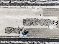 In Feni, Chittagong, Bangladesh, on November 19, 2024, workers mold hundreds of new bricks at a brick kiln. The daily laborers work from 8 a...