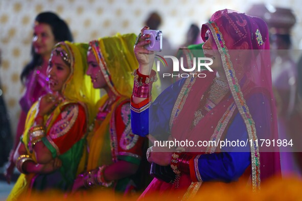 Folk artists perform during the celebration of the 297th foundation day of 'Pink City' at Albert Hall Museum in Jaipur, Rajasthan, India, on...