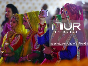 Folk artists perform during the celebration of the 297th foundation day of 'Pink City' at Albert Hall Museum in Jaipur, Rajasthan, India, on...