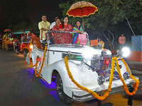 JMC Greater Mayor Somya Gurjar and JMC Heritage Mayor Kusum Yadav arrive to attend the celebration of the 297th foundation day of 'Pink City...