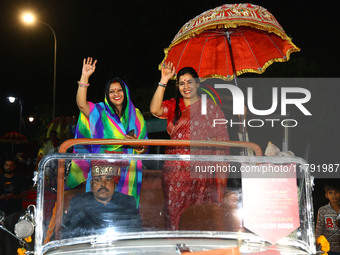 JMC Heritage Mayor Kusum Yadav and JMC Greater Mayor Somya Gurjar arrive to attend the celebration of the 297th foundation day of 'Pink City...