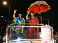 JMC Heritage Mayor Kusum Yadav and JMC Greater Mayor Somya Gurjar arrive to attend the celebration of the 297th foundation day of 'Pink City...