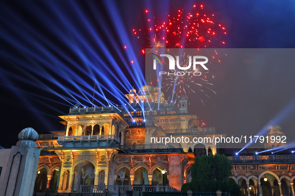 Fireworks light the sky over the historical Albert Hall Museum during the celebration of the 297th foundation day of 'Pink City' in Jaipur,...