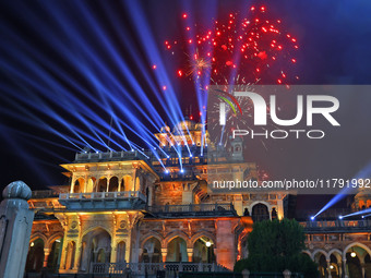 Fireworks light the sky over the historical Albert Hall Museum during the celebration of the 297th foundation day of 'Pink City' in Jaipur,...