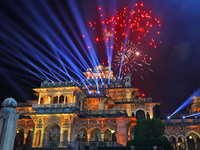 Fireworks light the sky over the historical Albert Hall Museum during the celebration of the 297th foundation day of 'Pink City' in Jaipur,...