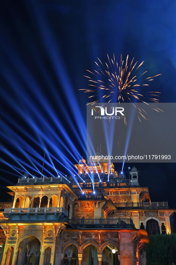 Fireworks light the sky over the historical Albert Hall Museum during the celebration of the 297th foundation day of 'Pink City' in Jaipur,...