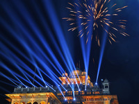 Fireworks light the sky over the historical Albert Hall Museum during the celebration of the 297th foundation day of 'Pink City' in Jaipur,...