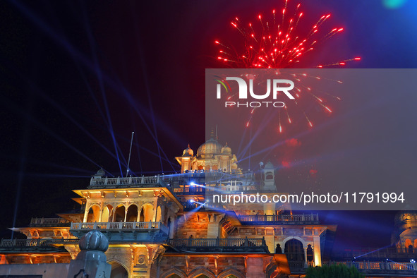 Fireworks light the sky over the historical Albert Hall Museum during the celebration of the 297th foundation day of 'Pink City' in Jaipur,...