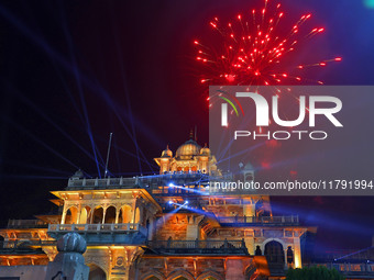 Fireworks light the sky over the historical Albert Hall Museum during the celebration of the 297th foundation day of 'Pink City' in Jaipur,...