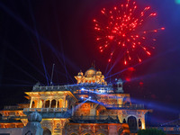 Fireworks light the sky over the historical Albert Hall Museum during the celebration of the 297th foundation day of 'Pink City' in Jaipur,...