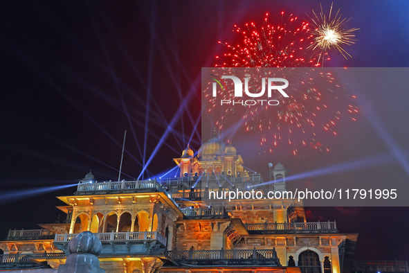 Fireworks light the sky over the historical Albert Hall Museum during the celebration of the 297th foundation day of 'Pink City' in Jaipur,...