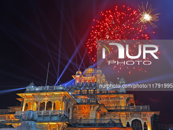 Fireworks light the sky over the historical Albert Hall Museum during the celebration of the 297th foundation day of 'Pink City' in Jaipur,...