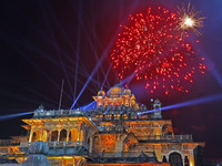 Fireworks light the sky over the historical Albert Hall Museum during the celebration of the 297th foundation day of 'Pink City' in Jaipur,...