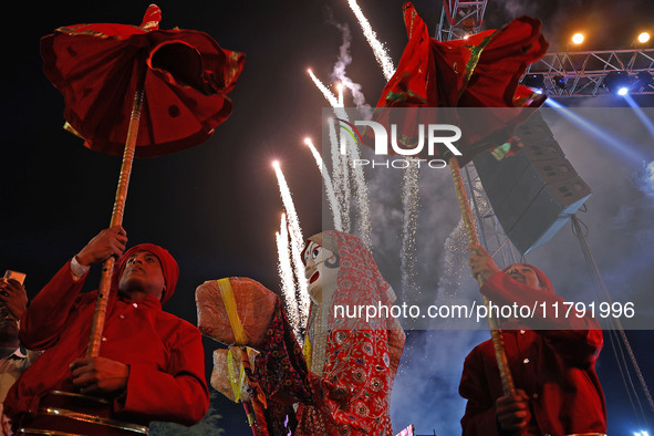 Fireworks light the sky over the historical Albert Hall Museum during the celebration of the 297th foundation day of 'Pink City' in Jaipur,...