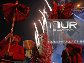 Fireworks light the sky over the historical Albert Hall Museum during the celebration of the 297th foundation day of 'Pink City' in Jaipur,...