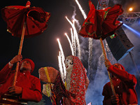 Fireworks light the sky over the historical Albert Hall Museum during the celebration of the 297th foundation day of 'Pink City' in Jaipur,...