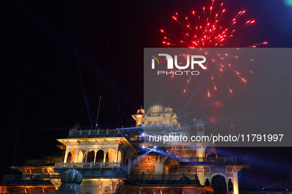 Fireworks light the sky over the historical Albert Hall Museum during the celebration of the 297th foundation day of 'Pink City' in Jaipur,...