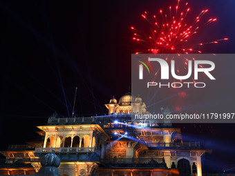 Fireworks light the sky over the historical Albert Hall Museum during the celebration of the 297th foundation day of 'Pink City' in Jaipur,...