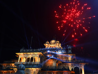 Fireworks light the sky over the historical Albert Hall Museum during the celebration of the 297th foundation day of 'Pink City' in Jaipur,...