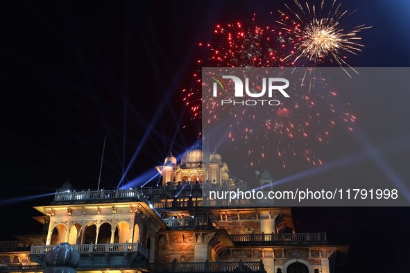 Fireworks light the sky over the historical Albert Hall Museum during the celebration of the 297th foundation day of 'Pink City' in Jaipur,...