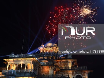 Fireworks light the sky over the historical Albert Hall Museum during the celebration of the 297th foundation day of 'Pink City' in Jaipur,...