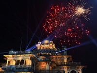 Fireworks light the sky over the historical Albert Hall Museum during the celebration of the 297th foundation day of 'Pink City' in Jaipur,...