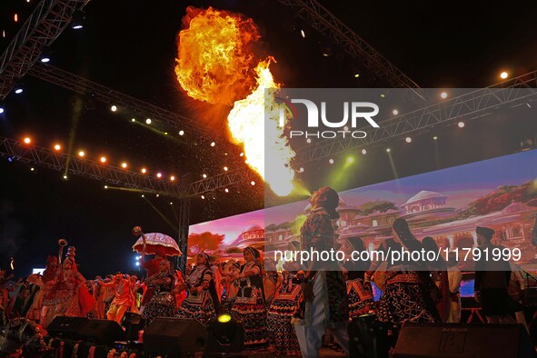 Folk artists perform during the celebration of the 297th foundation day of 'Pink City' at Albert Hall Museum in Jaipur, Rajasthan, India, on...