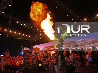 Folk artists perform during the celebration of the 297th foundation day of 'Pink City' at Albert Hall Museum in Jaipur, Rajasthan, India, on...