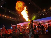 Folk artists perform during the celebration of the 297th foundation day of 'Pink City' at Albert Hall Museum in Jaipur, Rajasthan, India, on...