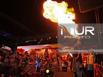 Folk artists perform during the celebration of the 297th foundation day of 'Pink City' at Albert Hall Museum in Jaipur, Rajasthan, India, on...