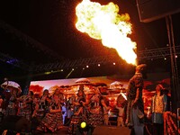 Folk artists perform during the celebration of the 297th foundation day of 'Pink City' at Albert Hall Museum in Jaipur, Rajasthan, India, on...